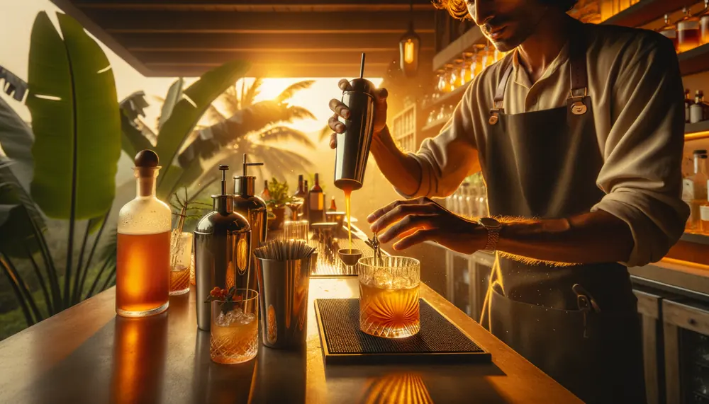 Bartender crafting cocktails with Maia Botanicas house-made syrups at golden hour