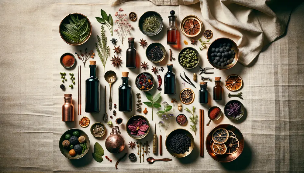 Premium bar ingredients flat-lay: syrups, botanicals and tropical fruits