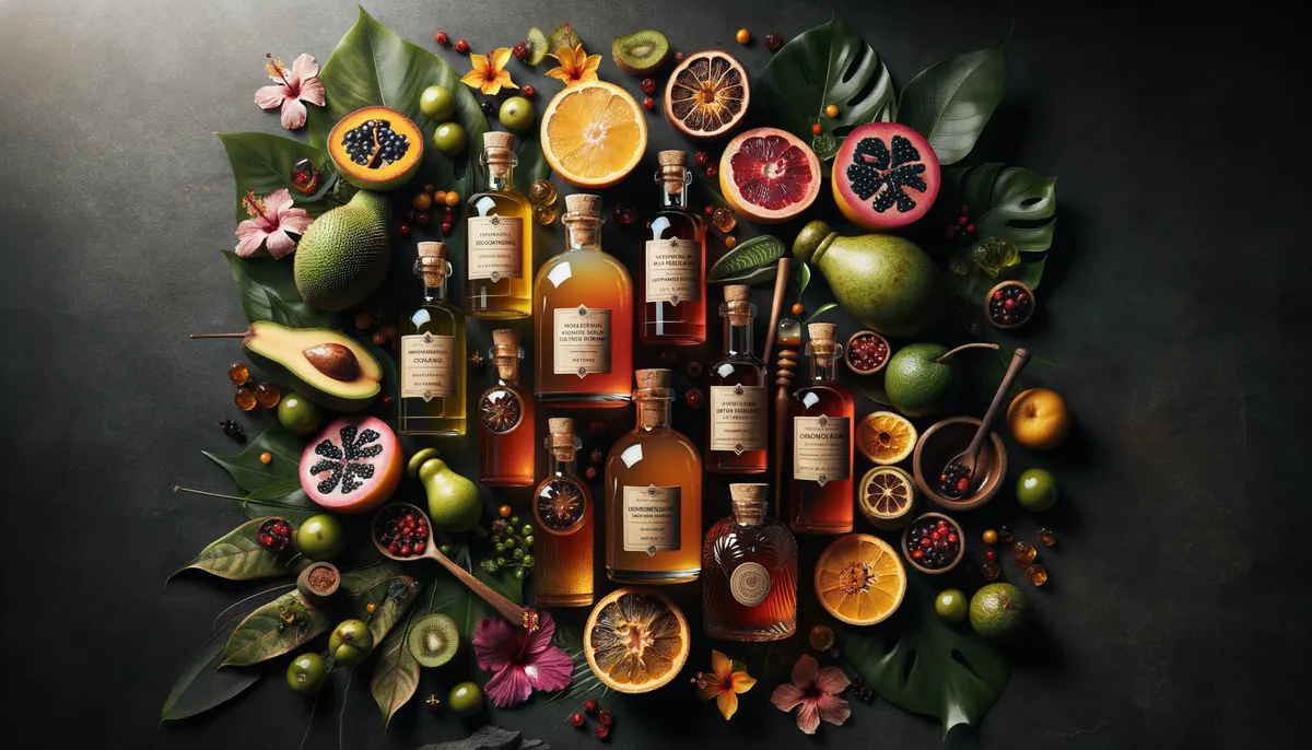 Artisan cocktail syrups in amber bottles with Colombian tropical fruits