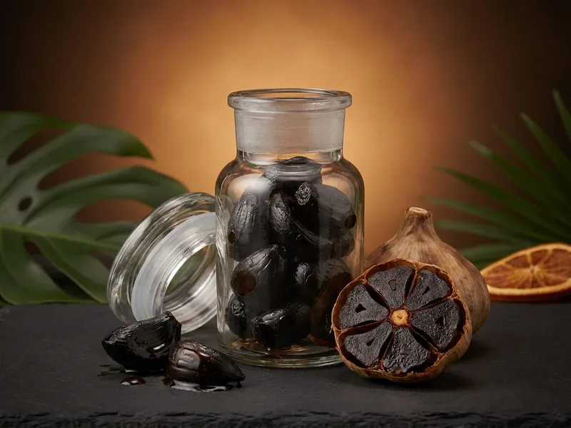 Frasco de ajo negro fermentado lento de Maia Botánicas, dientes oscuros y brillantes.